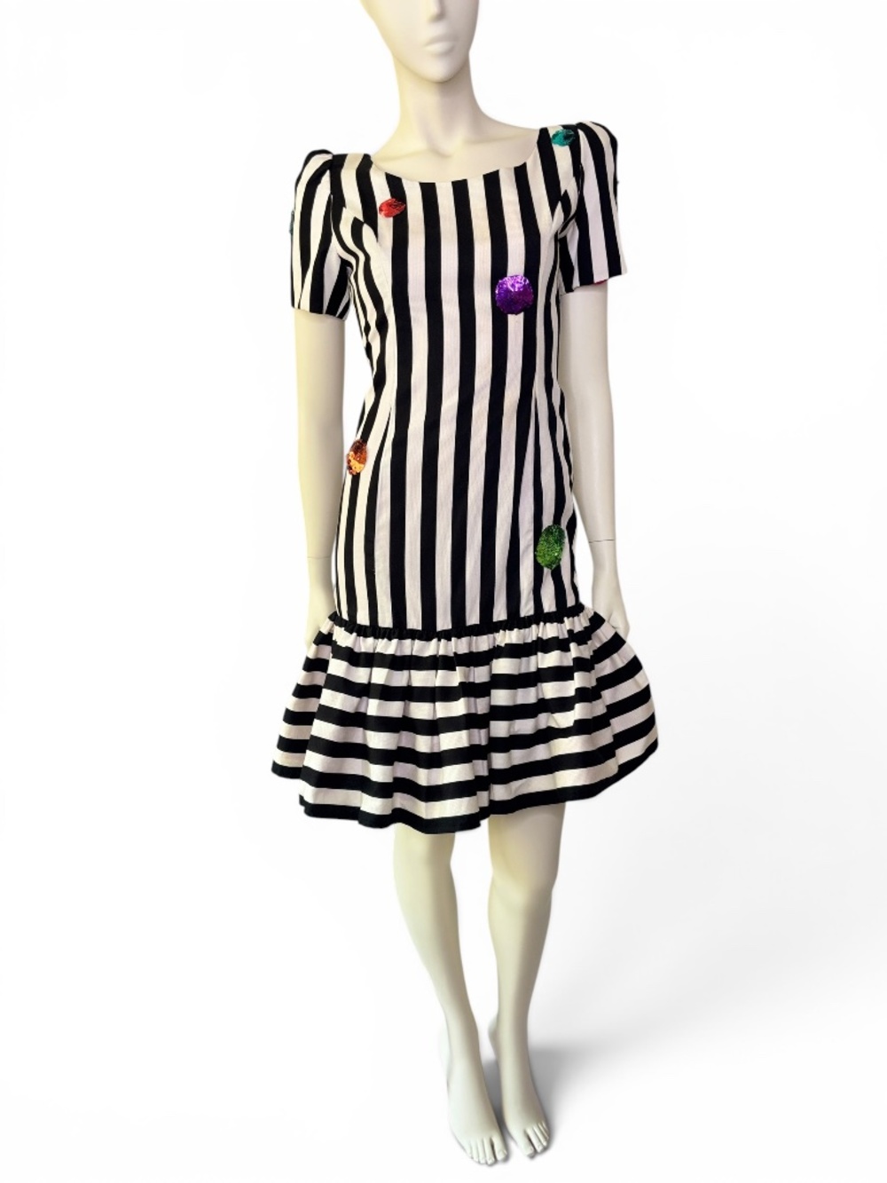 Vintage 1980’s Morton Myles Striped Dress | Sequin Appliqué Cotton Cocktail Dres
